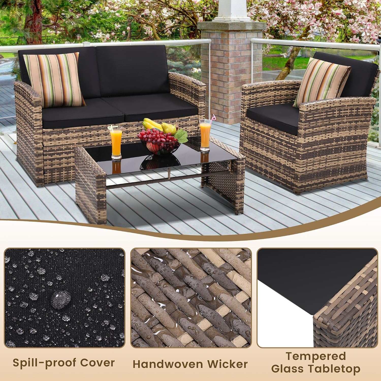 4-Piece Wicker Sectional Set Cushioned Glass Table