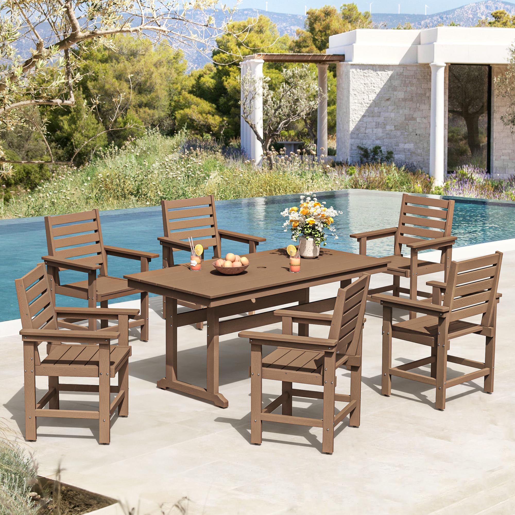7pc Rectangular HDPS Dining Set Brown Umbrella Hole