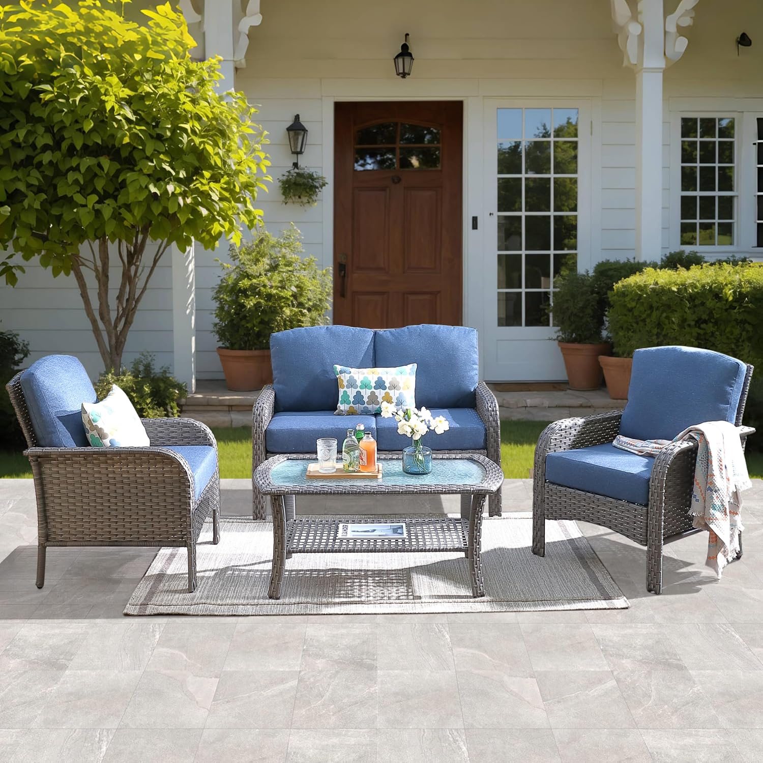 4-Piece Rattan Patio Set Cushioned Denim Blue