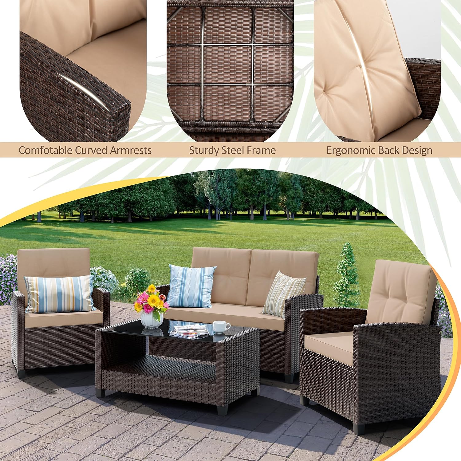 4pc Wicker Sectional Brown Khaki Cushion Table