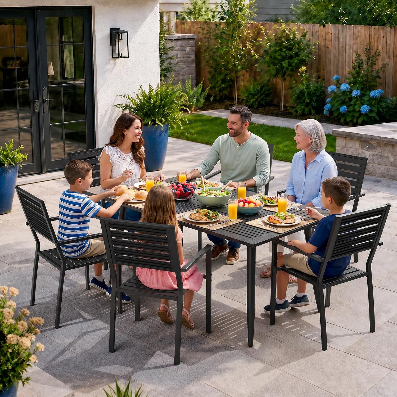 7pc HDPE Dining Set Stackable Iron Frame Chairs