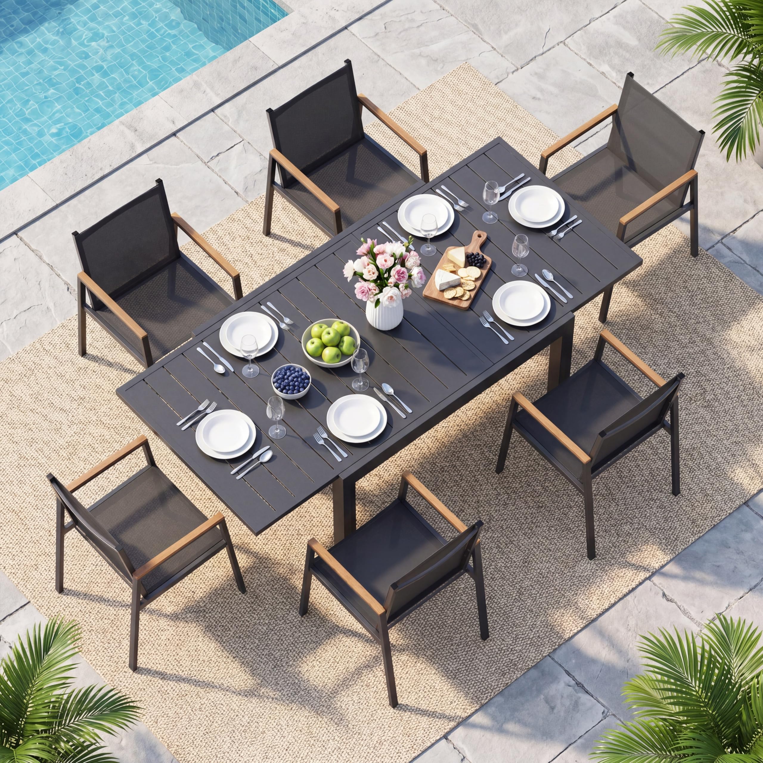6 Seat Aluminum Expandable Dining Set Gray Textilene
