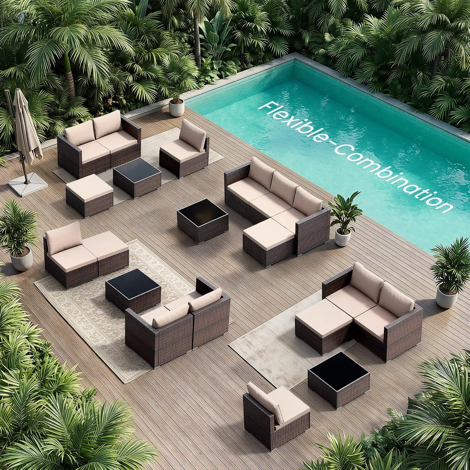 5 Piece Modular Wicker Sectional Khaki Patio Set