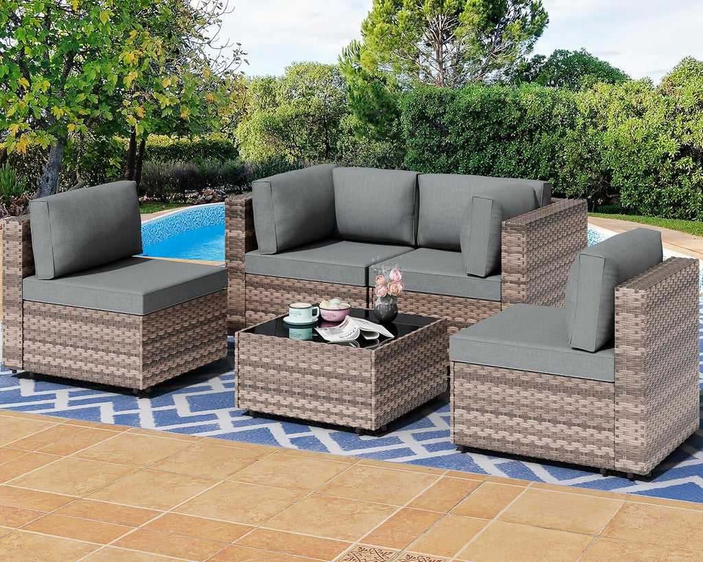 5 Piece PE Rattan Patio Set Glass Table Cushions