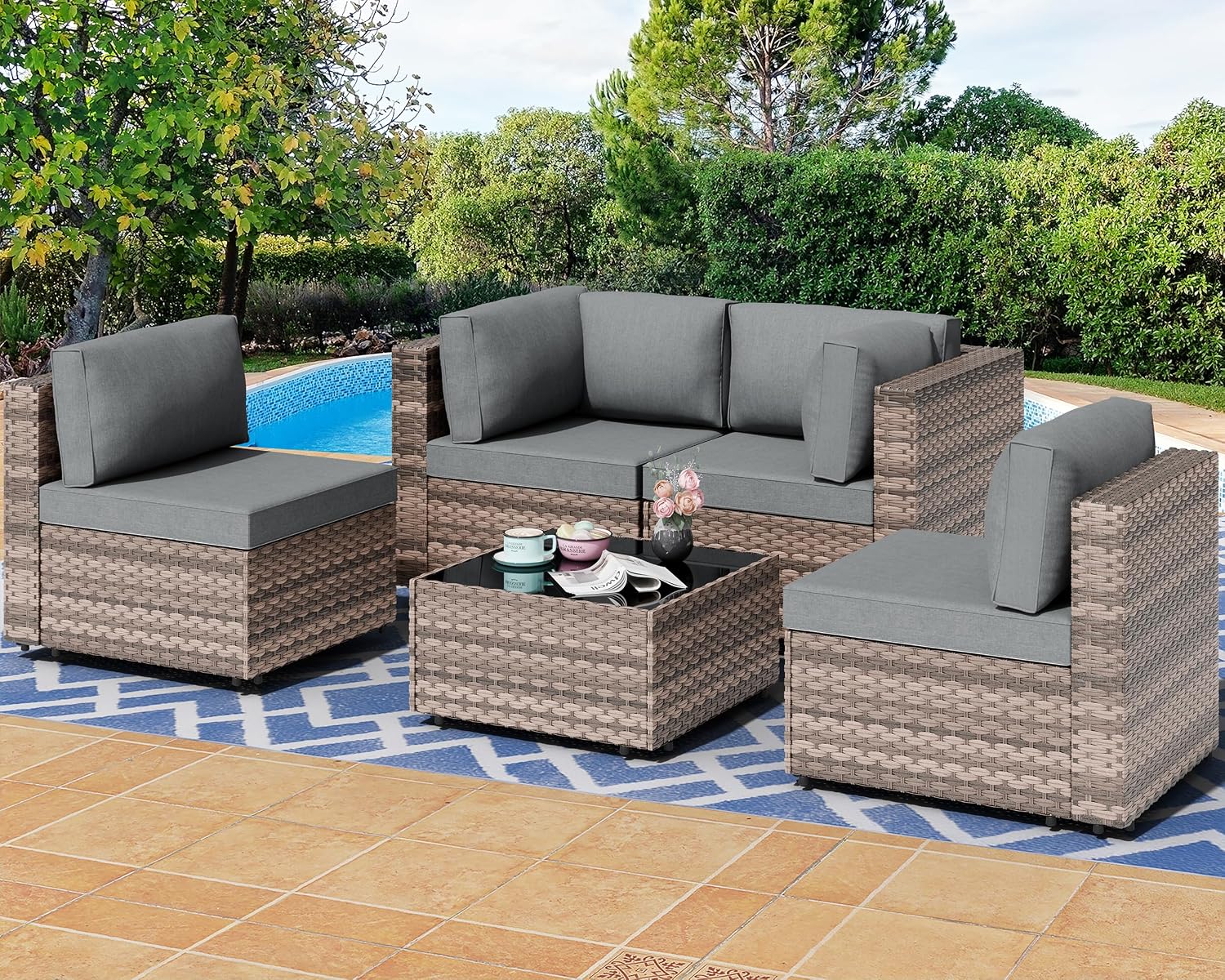 5 Piece PE Rattan Patio Set Glass Table Cushions