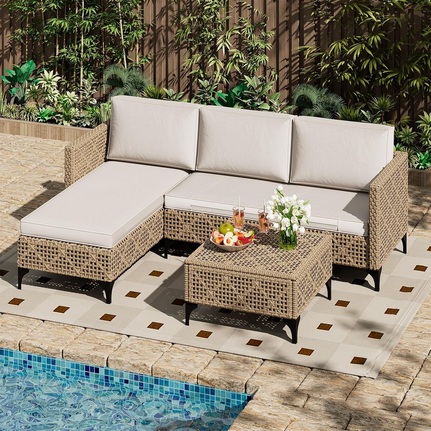 3pc Brown Wicker Set Cushioned Coffee Table Patio