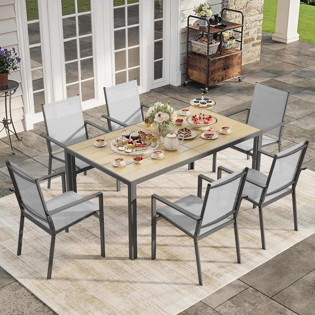 6 Seat Rectangular Dining Set Umbrella Hole Grey Brown