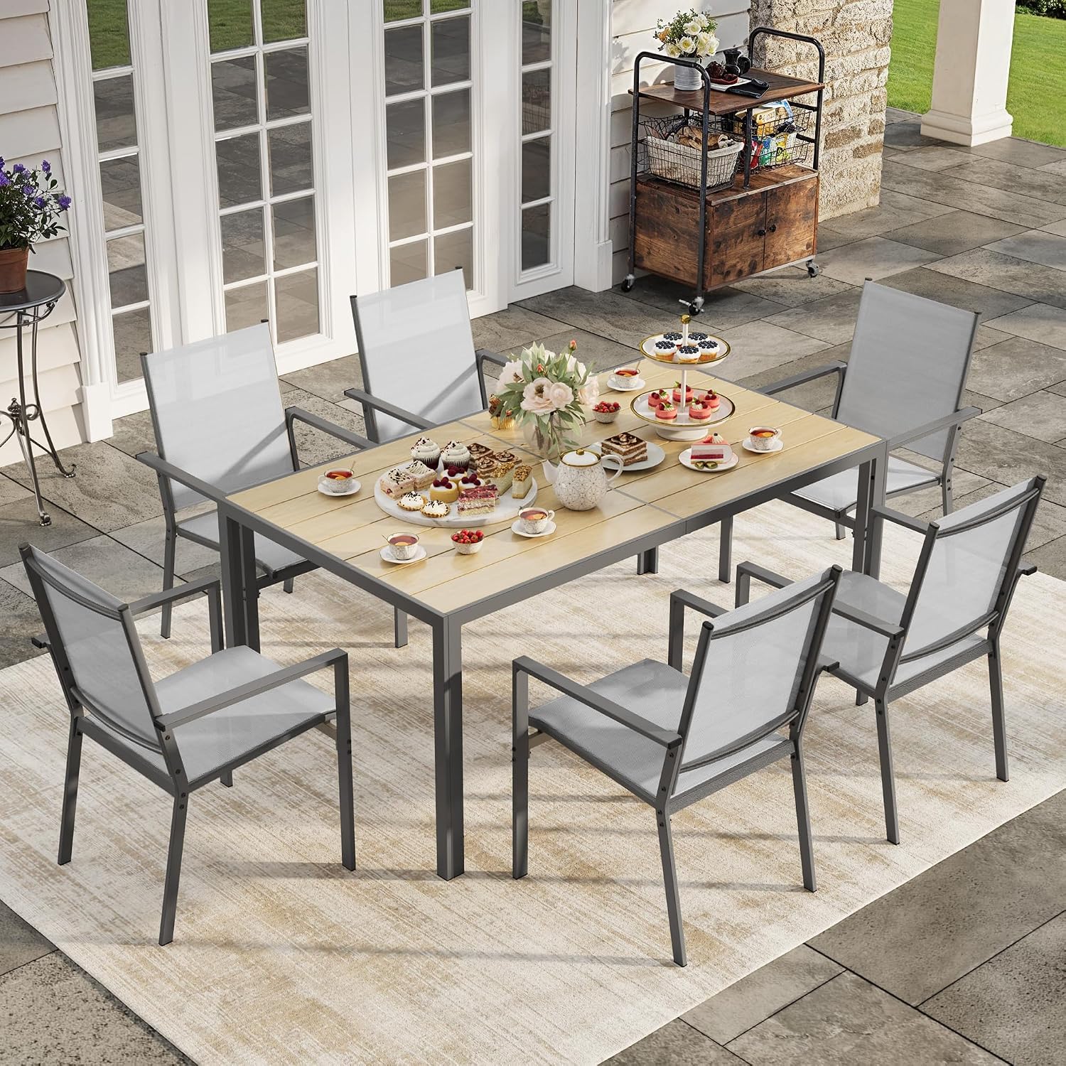 6 Seat Rectangular Dining Set Umbrella Hole Grey Brown