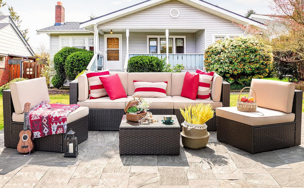 6pc PE Wicker Sectional Beige Coffee Table Patio Set