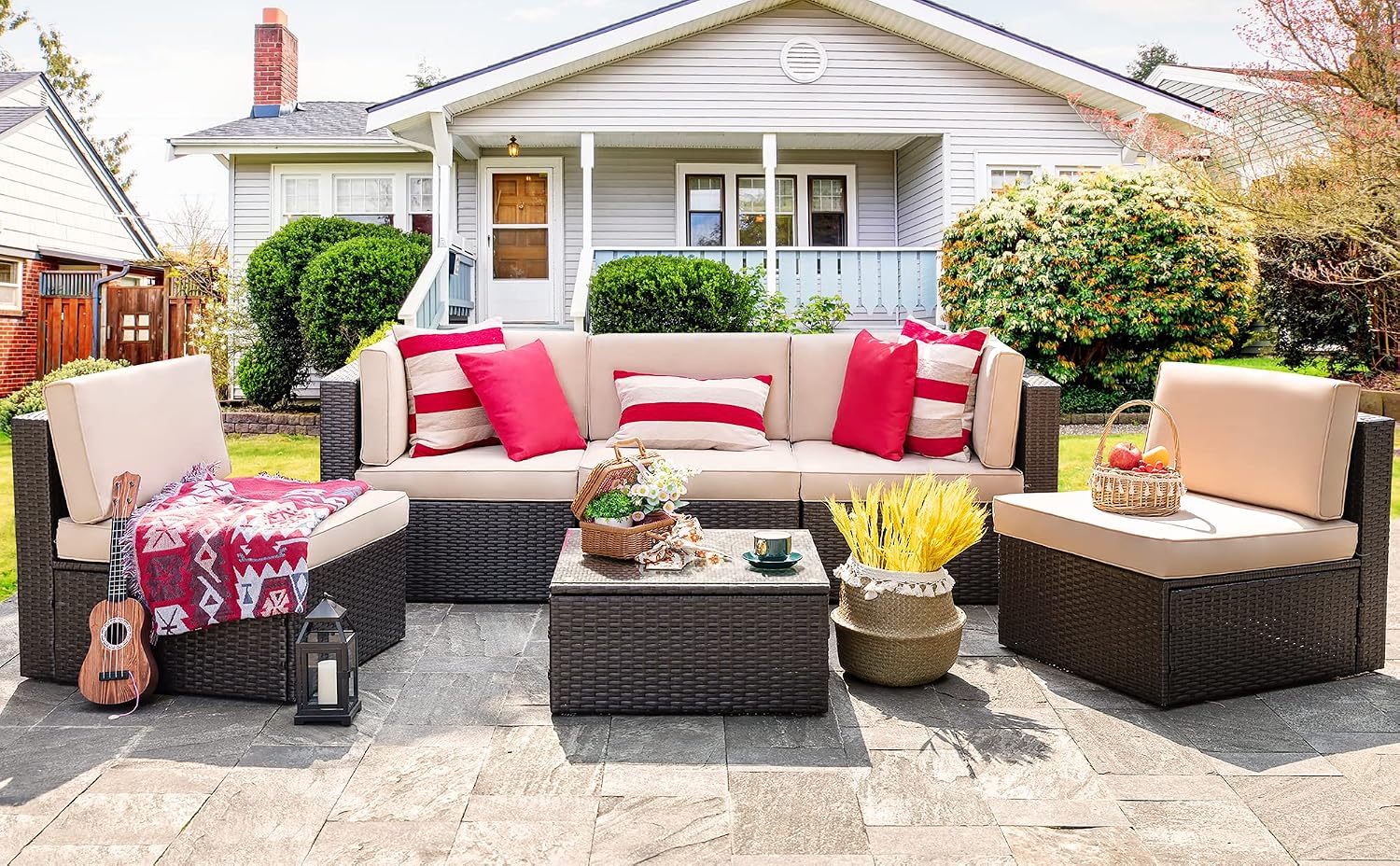 6pc PE Wicker Sectional Beige Coffee Table Patio Set