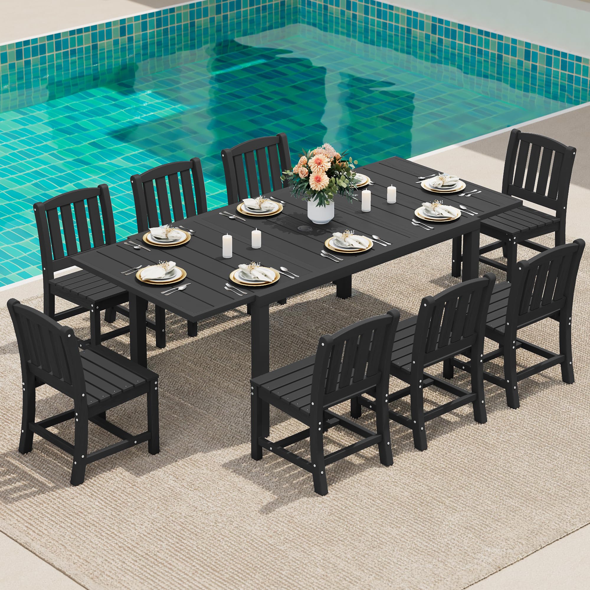 10pc Expandable Table Grey HDPE Eight Chairs Umbrella