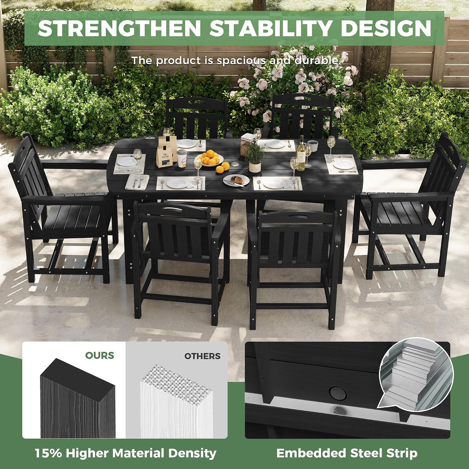 7pc Black HDPE Dining Set Six Chairs Umbrella Hole