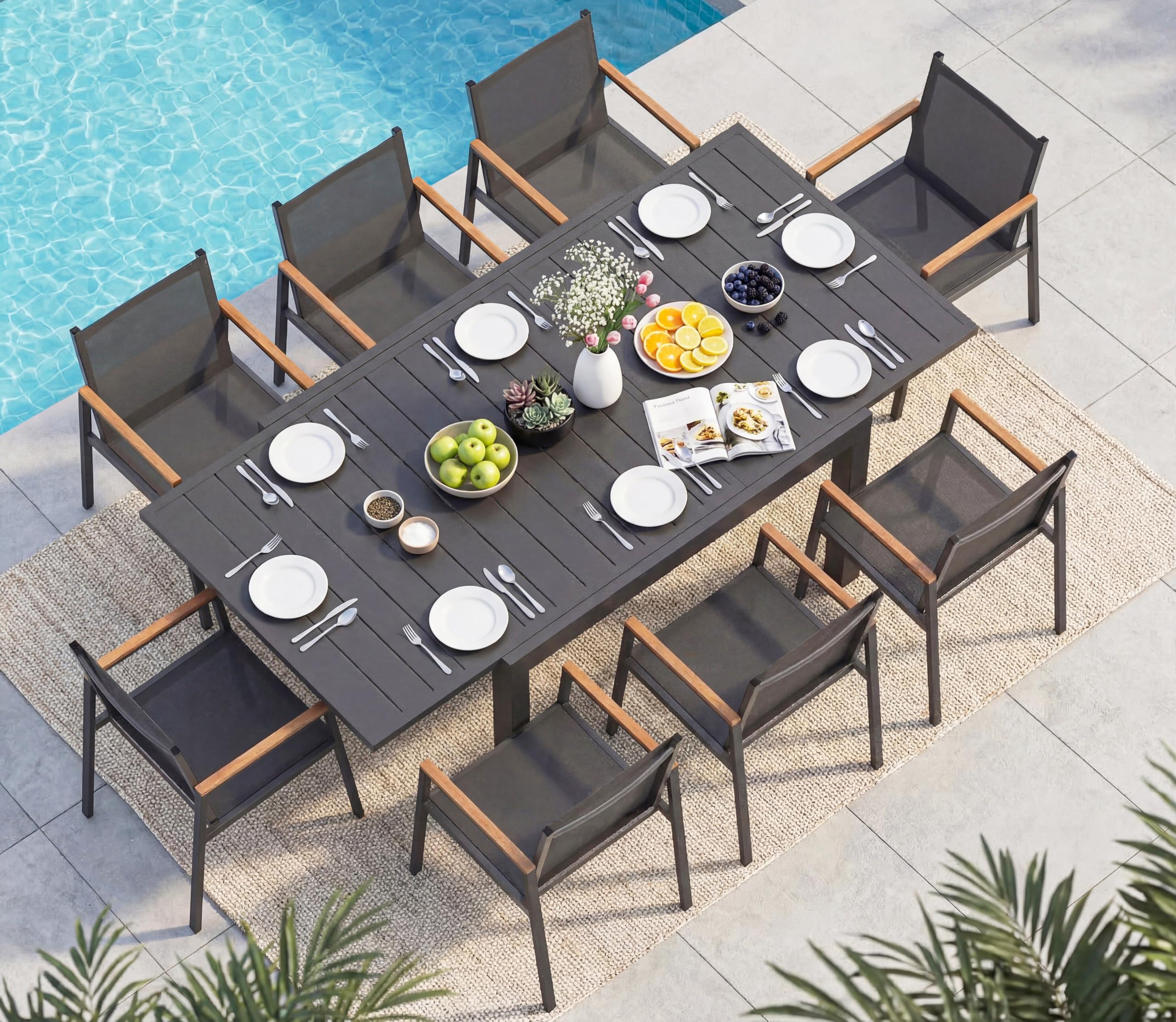 6 Seat Aluminum Expandable Dining Set Gray Textilene