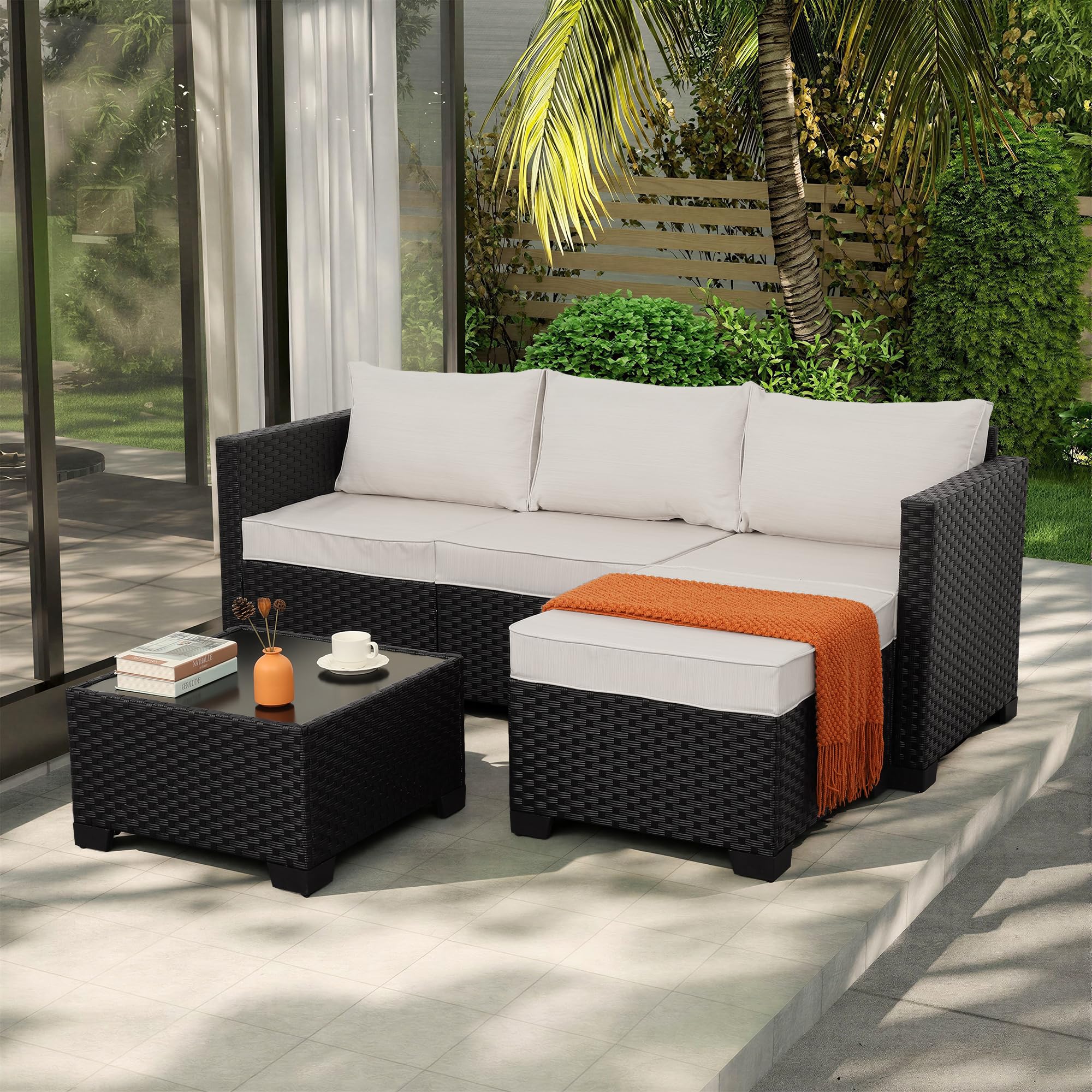 3pc Wicker Set Ottoman Storage Table Light Grey