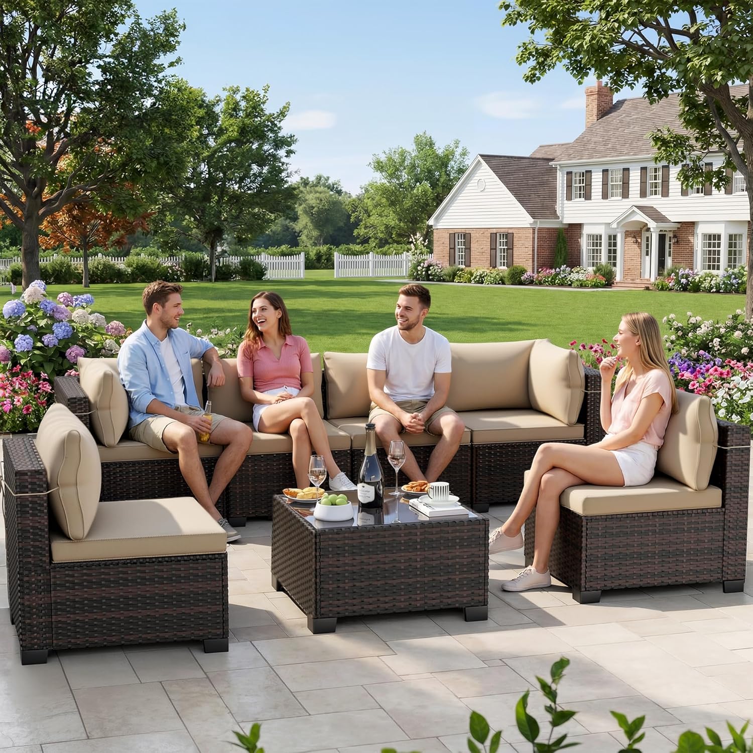 7pc Handwoven Wicker Sectional Patio Tea Table Set